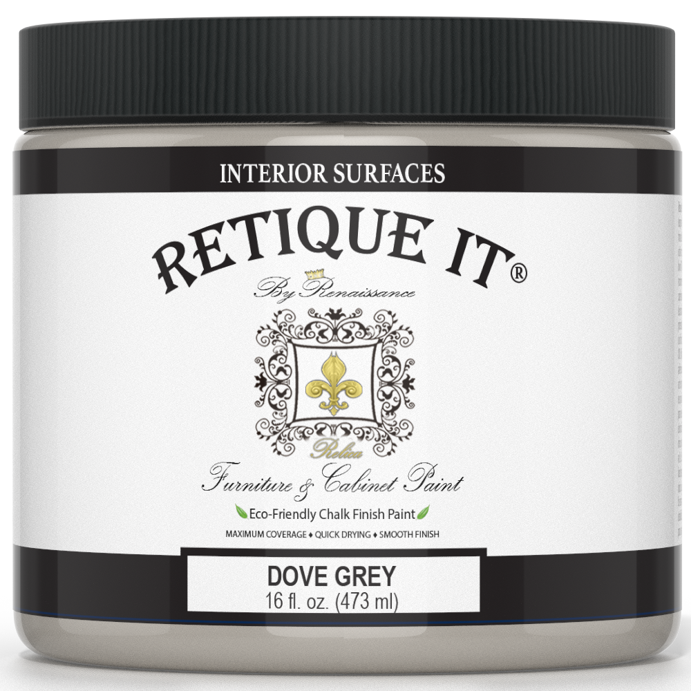 Retique It® Dove Grey furniture and cabinet paint in a quart container, showcasing smooth, ready-to-apply interior paint.