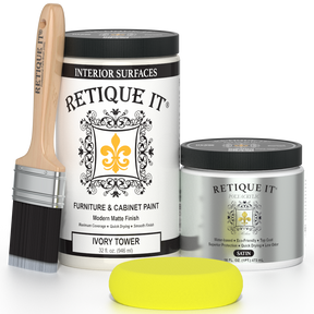 Retique It® Renaissance Furniture Paint in Ivory Tower, poly kit, showing a close-up of the paint container with product details.