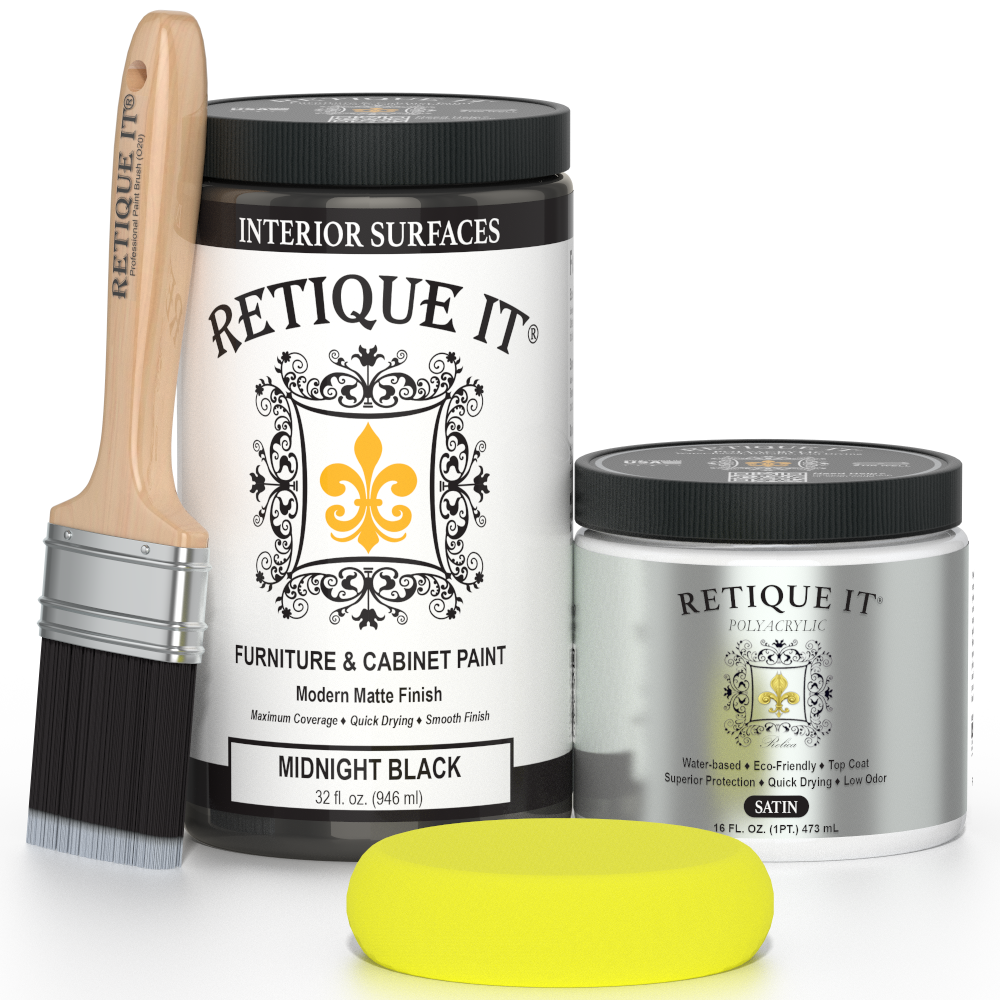 Retique It® furniture and cabinet paint in quart, Midnight Black, showcasing smooth black finish on furniture surface.