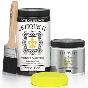 Retique It® furniture and cabinet paint in quart, Midnight Black, showcasing smooth black finish on furniture surface.