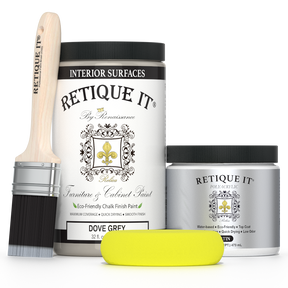 Retique It® Dove Grey furniture and cabinet paint in a quart container, showing a smooth, painted wood surface.