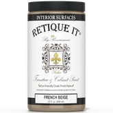 Retique It® furniture and cabinet paint in French Beige, quart size, shown on a painted wooden cabinet with a smooth finish.
