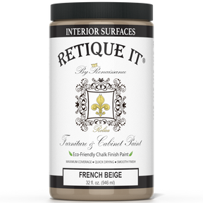 Retique It® furniture and cabinet paint in French Beige, quart size, shown on a painted wooden cabinet with a smooth finish.