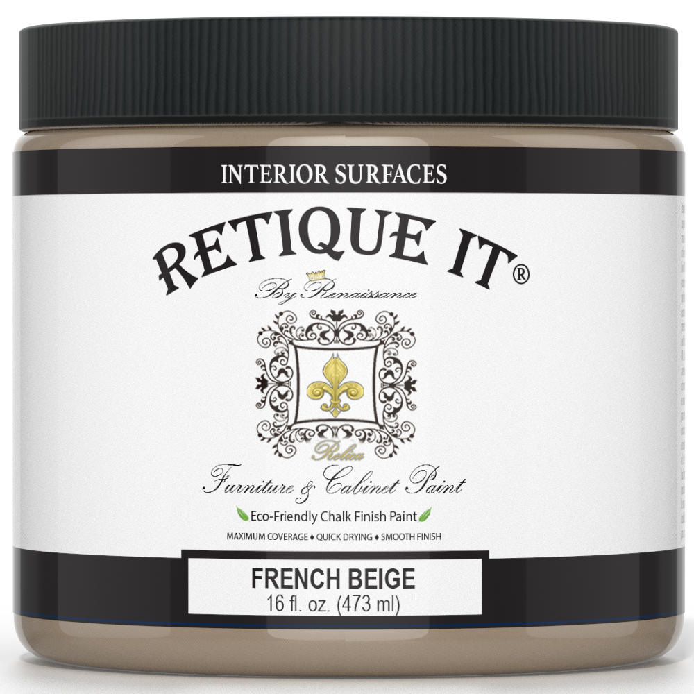 Retique It® French Beige furniture and cabinet paint in a quart container, showing a smooth, beige painted surface.
