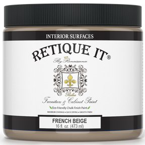 Retique It® French Beige furniture and cabinet paint in a quart container, showing a smooth, beige painted surface.