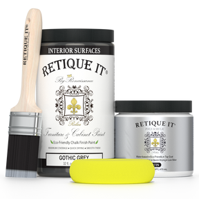 Retique It® Gothic Grey furniture and cabinet paint in a quart, showing a smooth, even coat of grey paint on wooden surfaces.