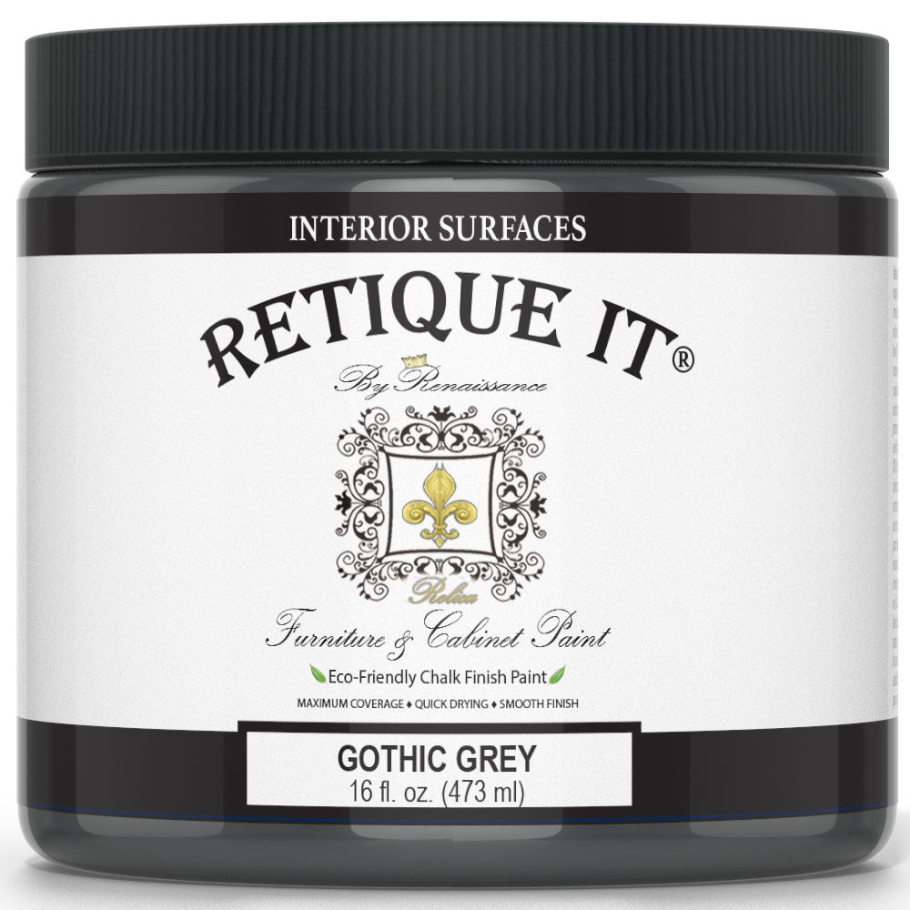 Retique It® Gothic Grey furniture and cabinet paint in a quart, showing the smooth paint finish on a wooden surface.