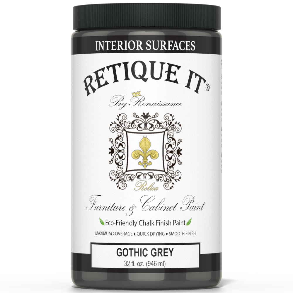Retique It® Gothic Grey furniture and cabinet paint in a quart container, showcasing a smooth, matte grey finish.