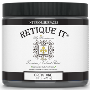 Retique It® furniture and cabinet paint in quart size, Greystone color, showcasing smooth application on wood surfaces.