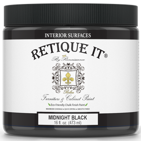 Retique It® furniture and cabinet paint in quart, Midnight Black, showing a smooth, glossy black paint finish on furniture.