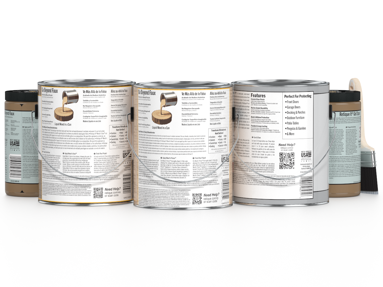 Retique It Wood'n Finish Kit with four large Barn Wood exterior topcoat bottles, showing wood grain and finish application.