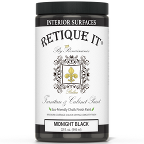 Retique It® furniture and cabinet paint in quart size, Midnight Black, showing a smooth, freshly painted cabinet surface.
