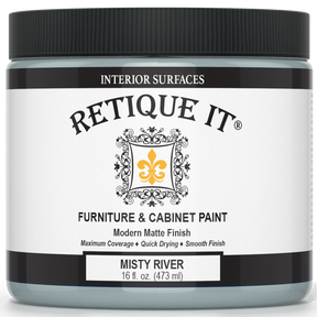 Retique It® Furniture and Cabinet Paint in Misty River quart, showing a smooth, freshly painted cabinet surface.