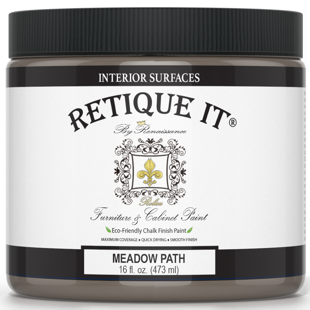 Retique It® Meadow Path furniture and cabinet paint quart, showing a can of natural greenish paint for furniture refurbishment.