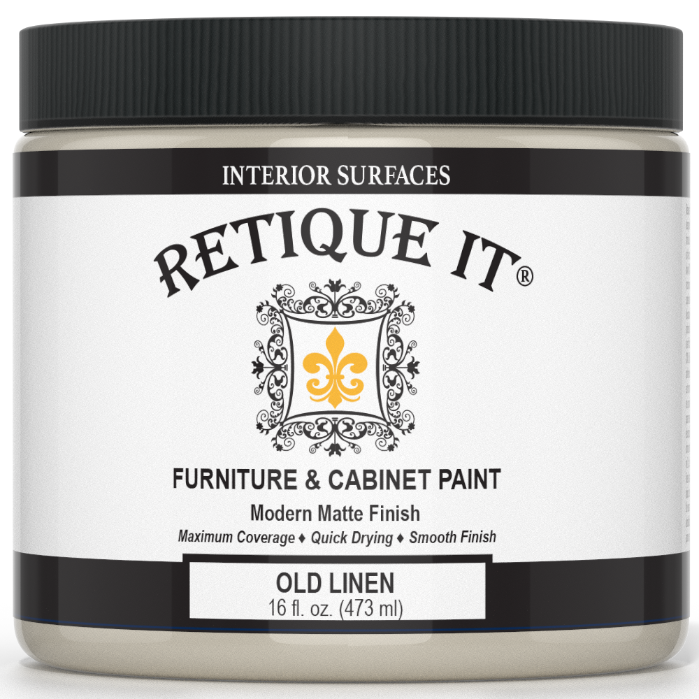 Retique It® furniture and cabinet paint in Old Linen quart, showcasing smooth, neutral-colored paint suitable for furniture refinishing.