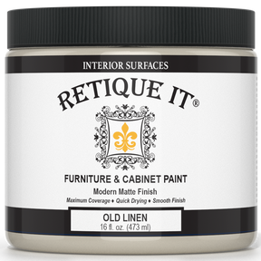 Retique It® furniture and cabinet paint in Old Linen quart, showcasing smooth, neutral-colored paint suitable for furniture refinishing.