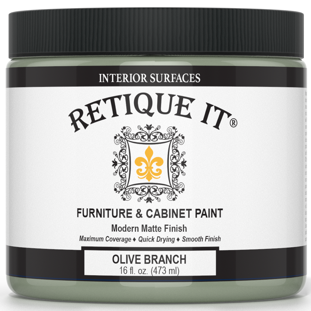 Retique It® Furniture and Cabinet Paint in Olive Branch, quart size, showing a smooth, painted cabinet surface with a glossy finish.