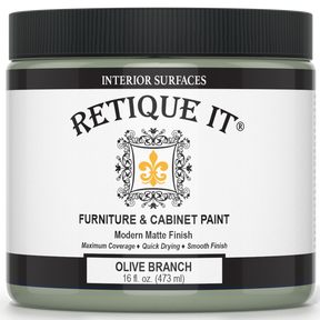 Retique It® Furniture and Cabinet Paint in Olive Branch, quart size, showing a smooth, painted cabinet surface with a glossy finish.