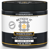 Retique It Wood'n Stain Classic Black bottle with stain swatches showing deep black wood stain for furniture and wood surfaces.