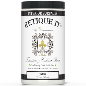 Retique It® Furniture & Cabinet Paint in quart size, Snow color, showing smooth, even application on a wooden surface.