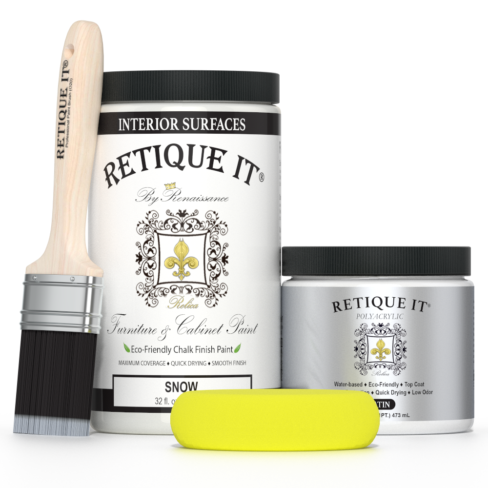 Retique It® furniture and cabinet paint in quart size, Snow color, showing a smooth, freshly painted cabinet surface.