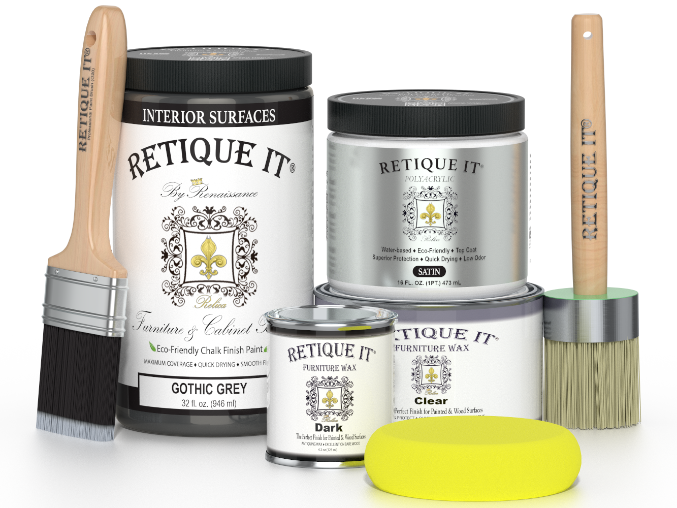 Retique It® Gothic Grey furniture and cabinet paint in a quart container, shown on a surface ready for application.