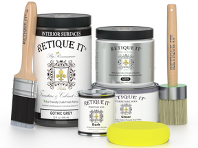 Retique It® Gothic Grey furniture and cabinet paint in a quart container, shown on a surface ready for application.