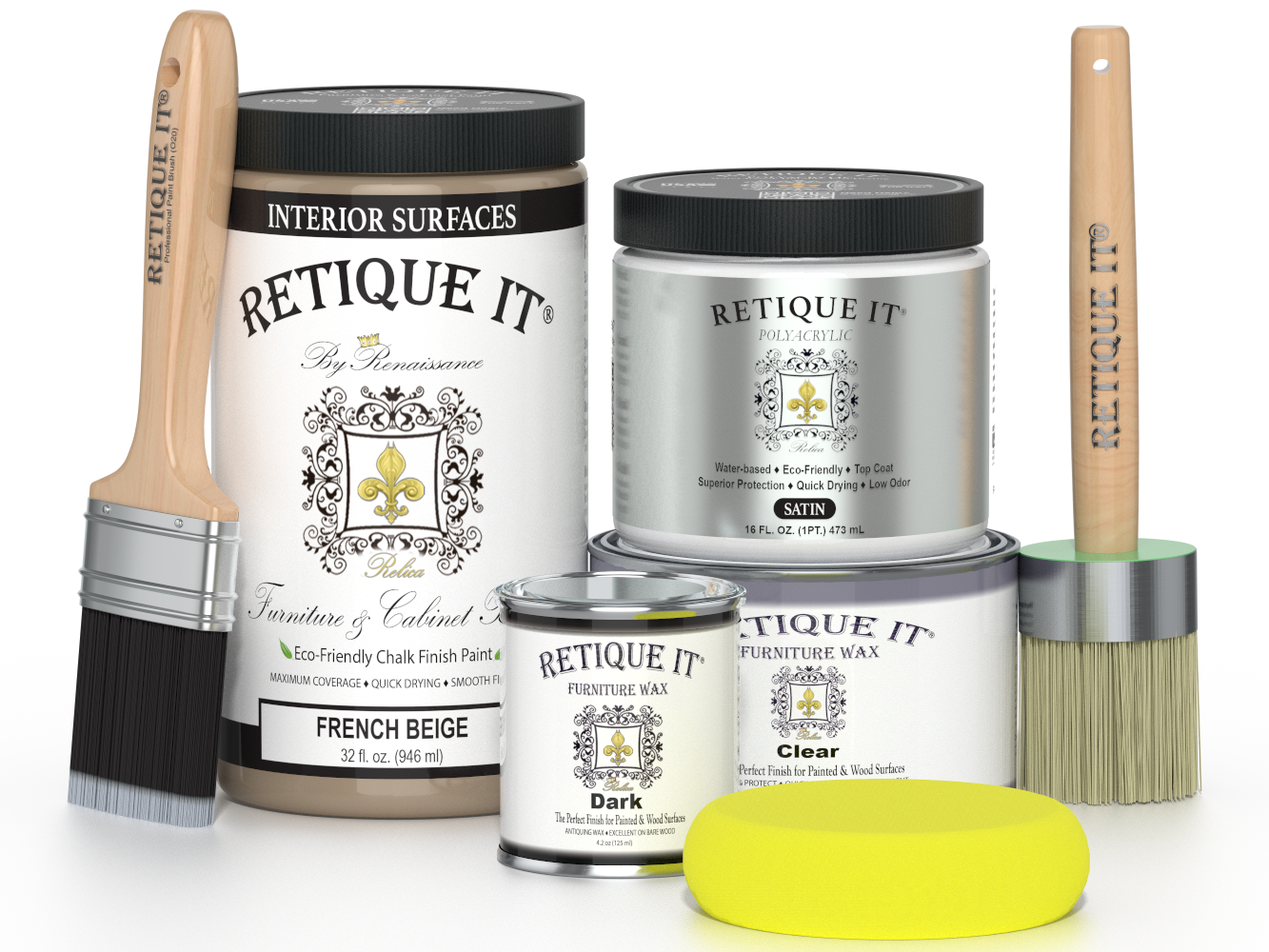 Retique It® furniture and cabinet paint in French Beige, shown in a quart container with painted wood furniture.