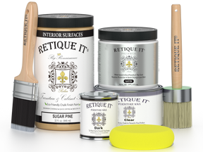 Retique It® furniture and cabinet paint in quart of Sugar Pine color, showing a smooth application on wood surface.