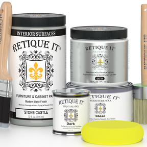 Retique It® furniture and cabinet paint in Quart, Stone Castle color, showing a smooth, freshly painted furniture surface.