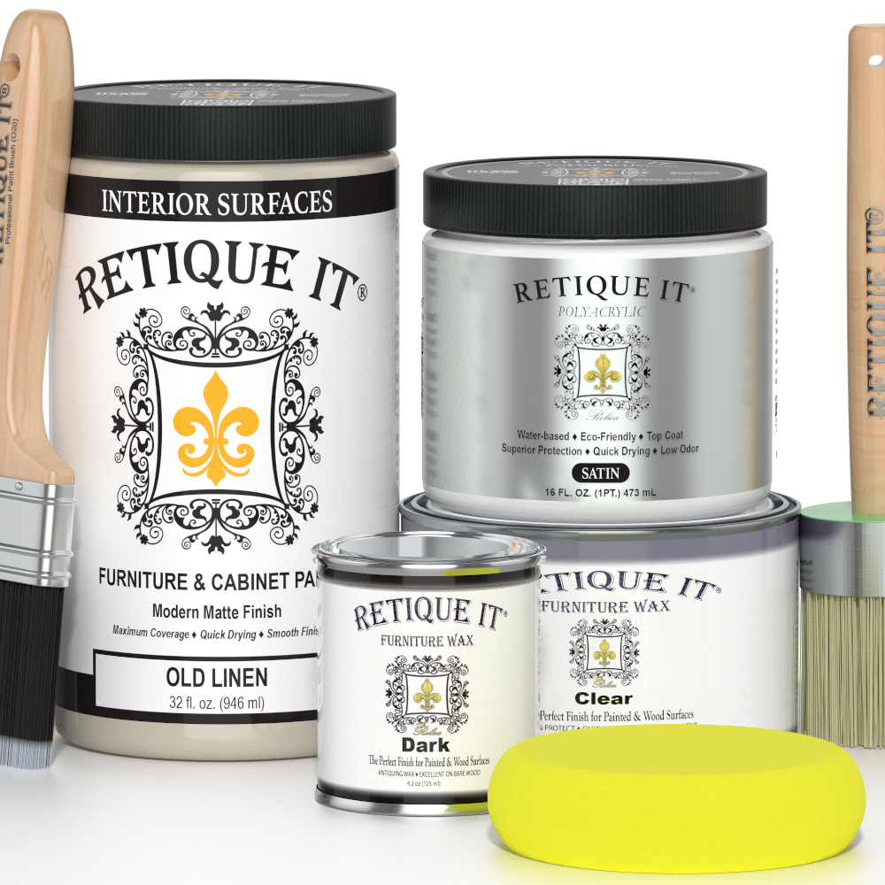 Retique It® furniture and cabinet paint in Old Linen quart, showing a smooth, fresh-coated surface ready for furniture renovation.