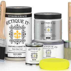 Retique It® furniture and cabinet paint in Old Linen quart, showing a smooth, fresh-coated surface ready for furniture renovation.