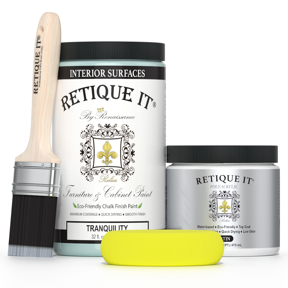 Retique It® Furniture and Cabinet Paint in Tranquility, quart size, showing a smooth application on wooden furniture surface.