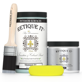 Retique It® Furniture and Cabinet Paint in Tranquility, quart size, showing a smooth application on wooden furniture surface.