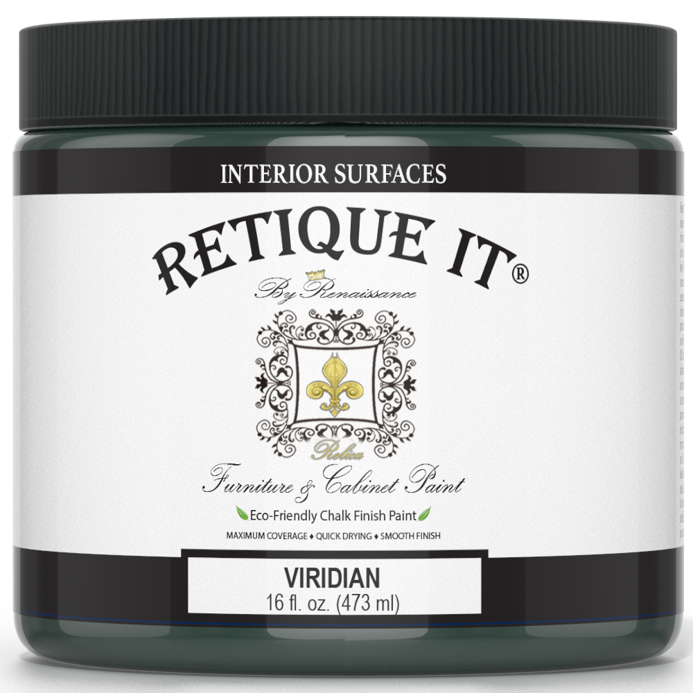 Retique It® furniture and cabinet paint in quart size, Viridian color, shown in a close-up of the vibrant green paint.