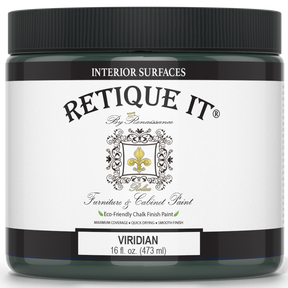 Retique It® furniture and cabinet paint in quart size, Viridian color, shown in a close-up of the vibrant green paint.