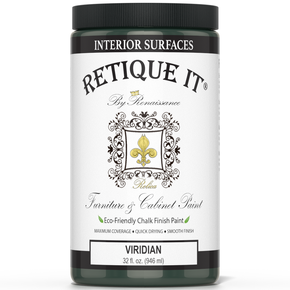 Retique It® Viridian furniture and cabinet paint in a quart container, ready for interior furniture refinishing and cabinet projects.