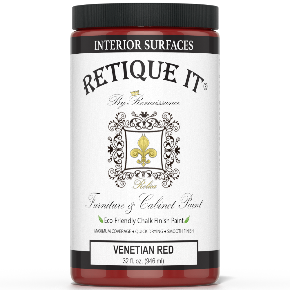 Retique It® furniture and cabinet paint in Venetian Red quart, showing a close-up of the vibrant red paint and brush strokes