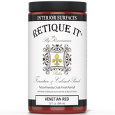 Retique It® furniture and cabinet paint in Venetian Red quart, showing a close-up of the vibrant red paint and brush strokes
