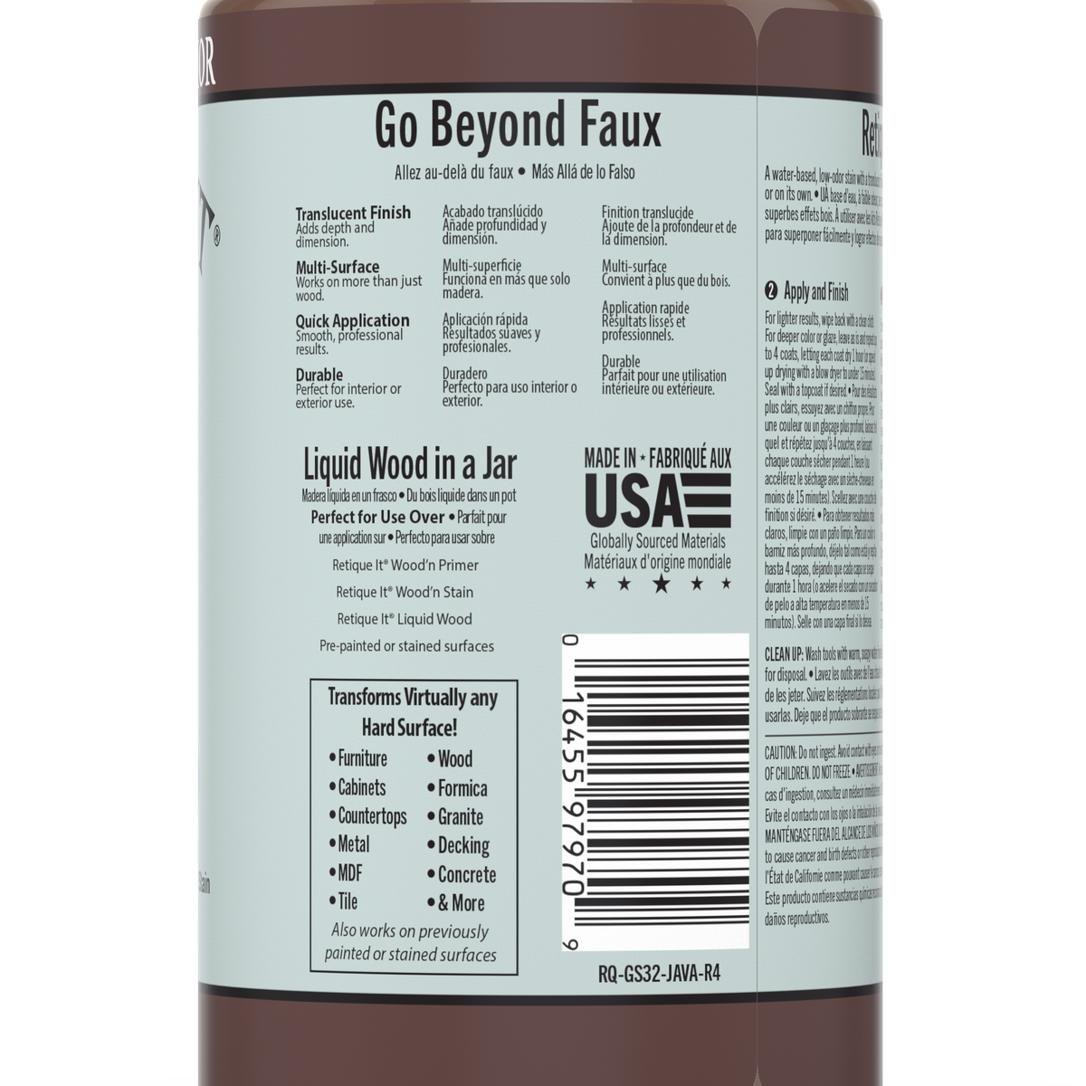 Retique It® Java gel stain applied to wood surface, showcasing deep brown color and smooth finish for furniture or cabinetry.
