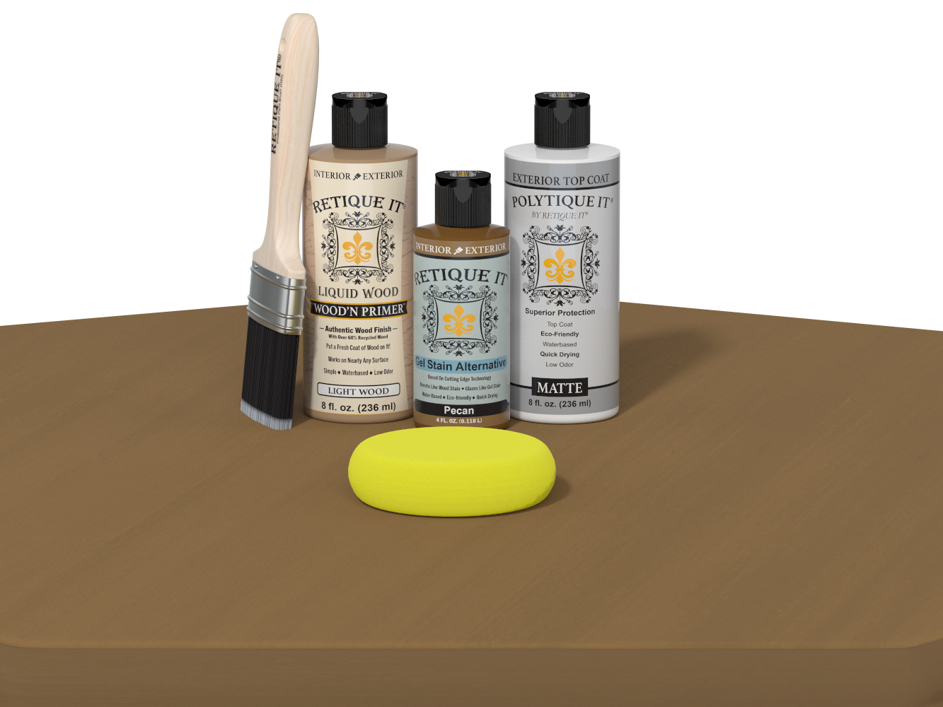 Retique It® Multi-purpose Smooth Finish Kit in Pecan for exterior wood projects, featuring satin top coat and wood finishing tools.