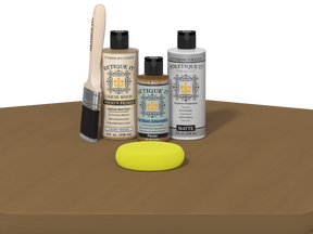Retique It® Multi-purpose Smooth Finish Kit in Pecan for exterior wood projects, featuring satin top coat and wood finishing tools.