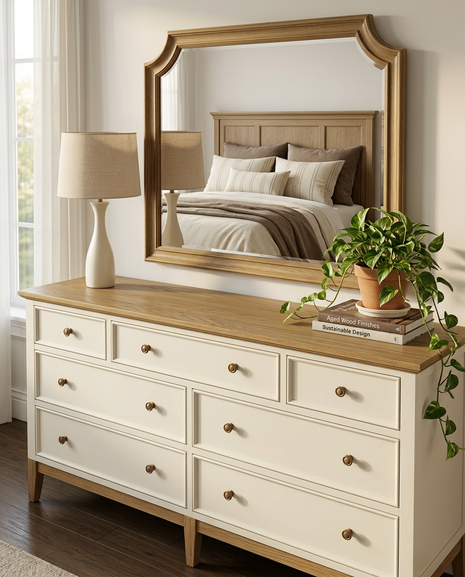 Wooden dresser with mirror and decorative items in a bedroom setting