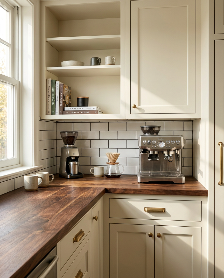 Kitchen corner with wooden countertop, coffee maker, and espresso machine.
