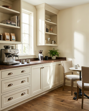 Nestle cafe kitchen with wooden countertop, white cabinets, and a small table with chairs.