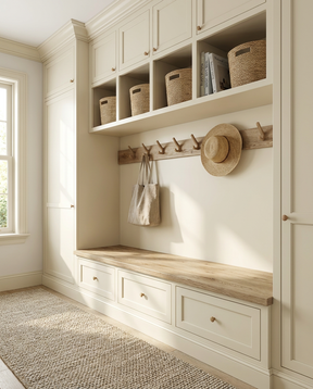 Mudroom with built-in cabinets, shelves, and hooks with a bench.