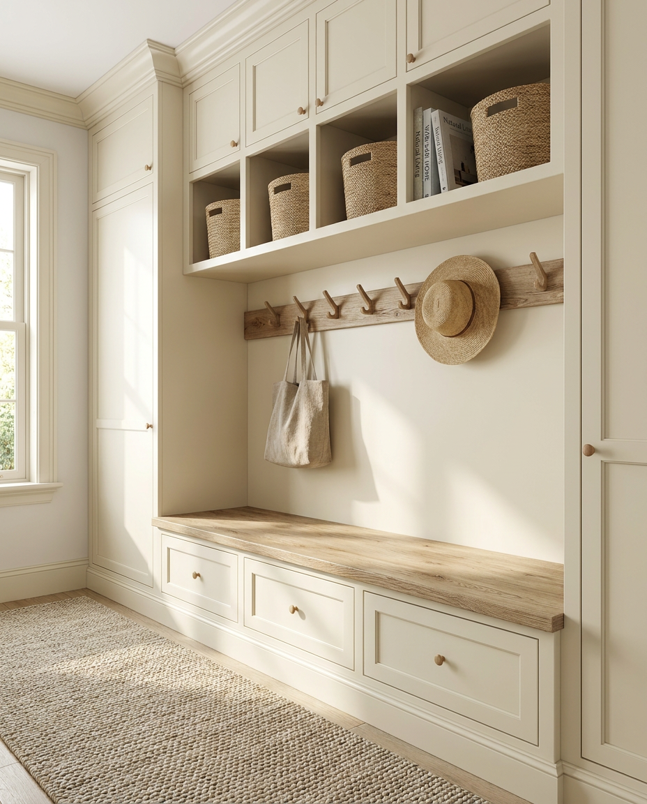 Mudroom with built-in cabinets, shelves, and hooks with a bench.
