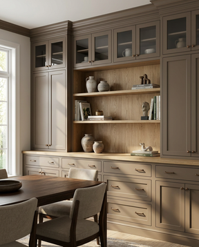 Dining room with wooden cabinets, shelves, and a table.