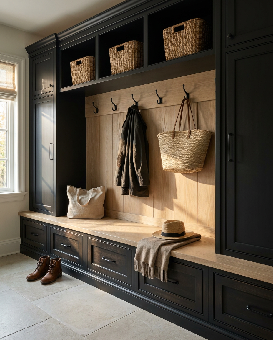 Mudroom with dark wood cabinets, wooden bench, and hanging bags and coats.