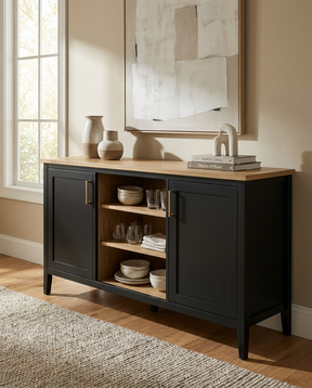 Black cabinet with wooden top in a room with a window and abstract art on the wall.